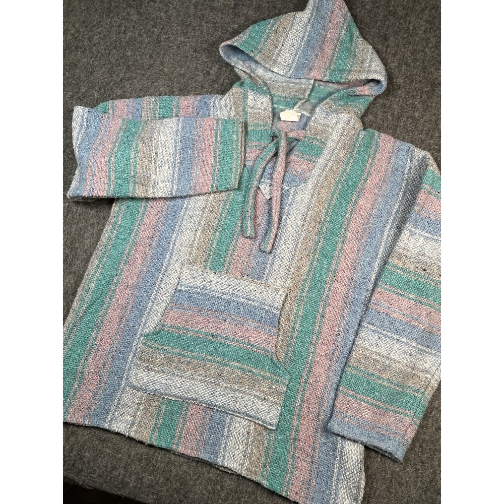 VTG BAJA Hoodie Blue Pink Pastel‎ Striped Hooded Pullover DrugRug Southwestern L